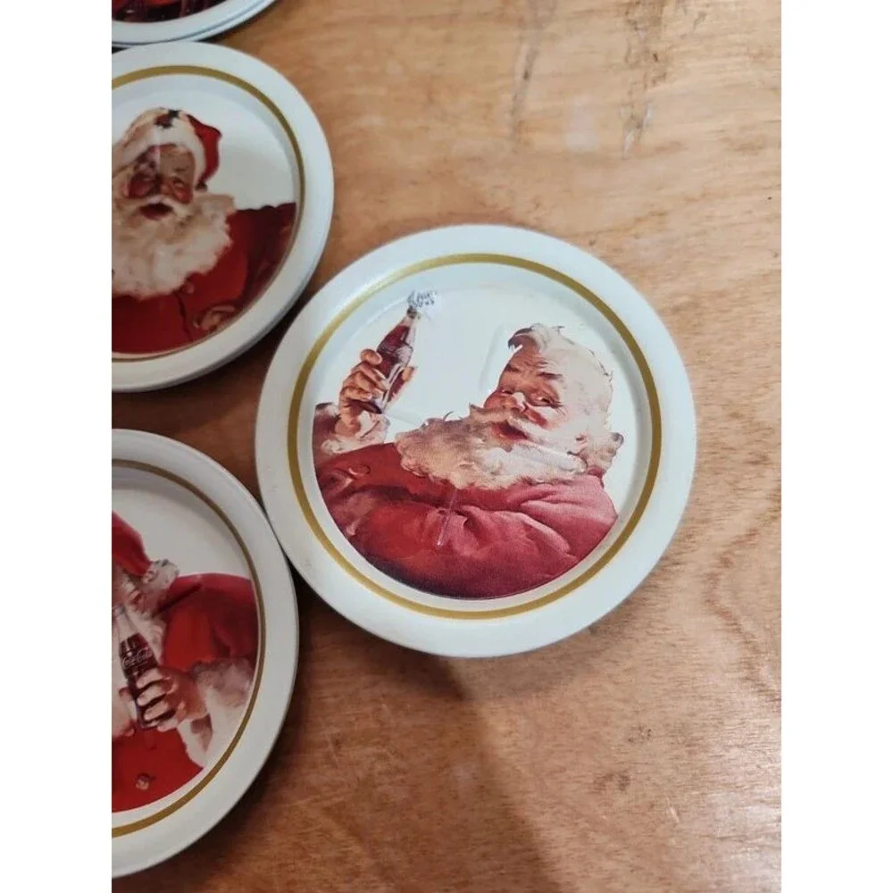 6 vintage Coca Cola  Santa drink coasters metal